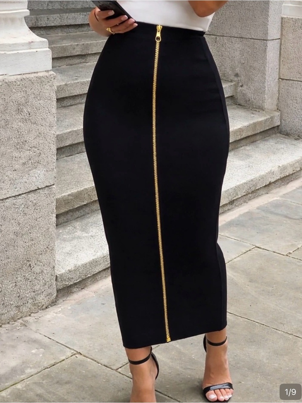 SHEIN Black High-Waist Pencil Skirt with Gold Center Zip